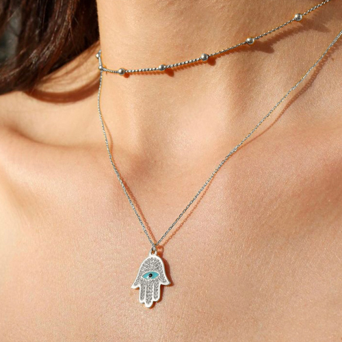Бяло злато колие с ръката на Фатима и Hamsa