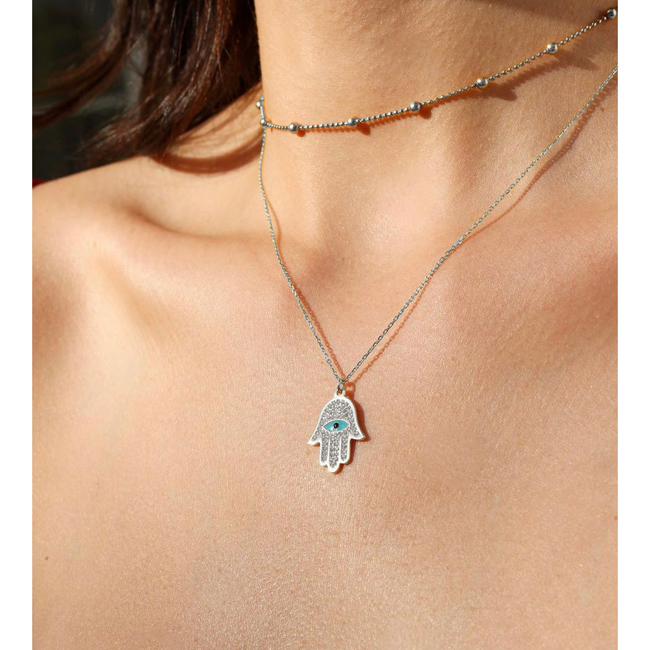 Бяло злато колие с ръката на Фатима и Hamsa