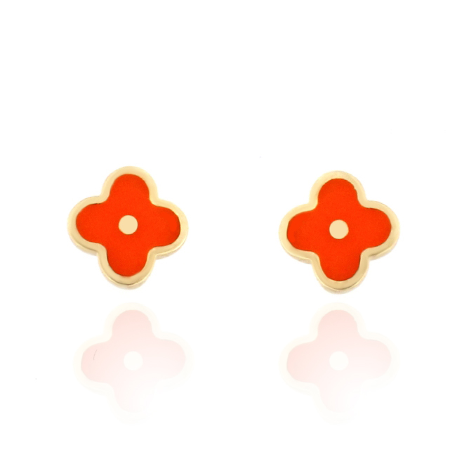 Златни Обеци във формата на детелина в червено