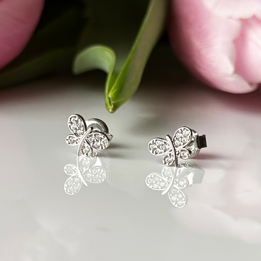 Обеци на винт бяло злато Butterflies