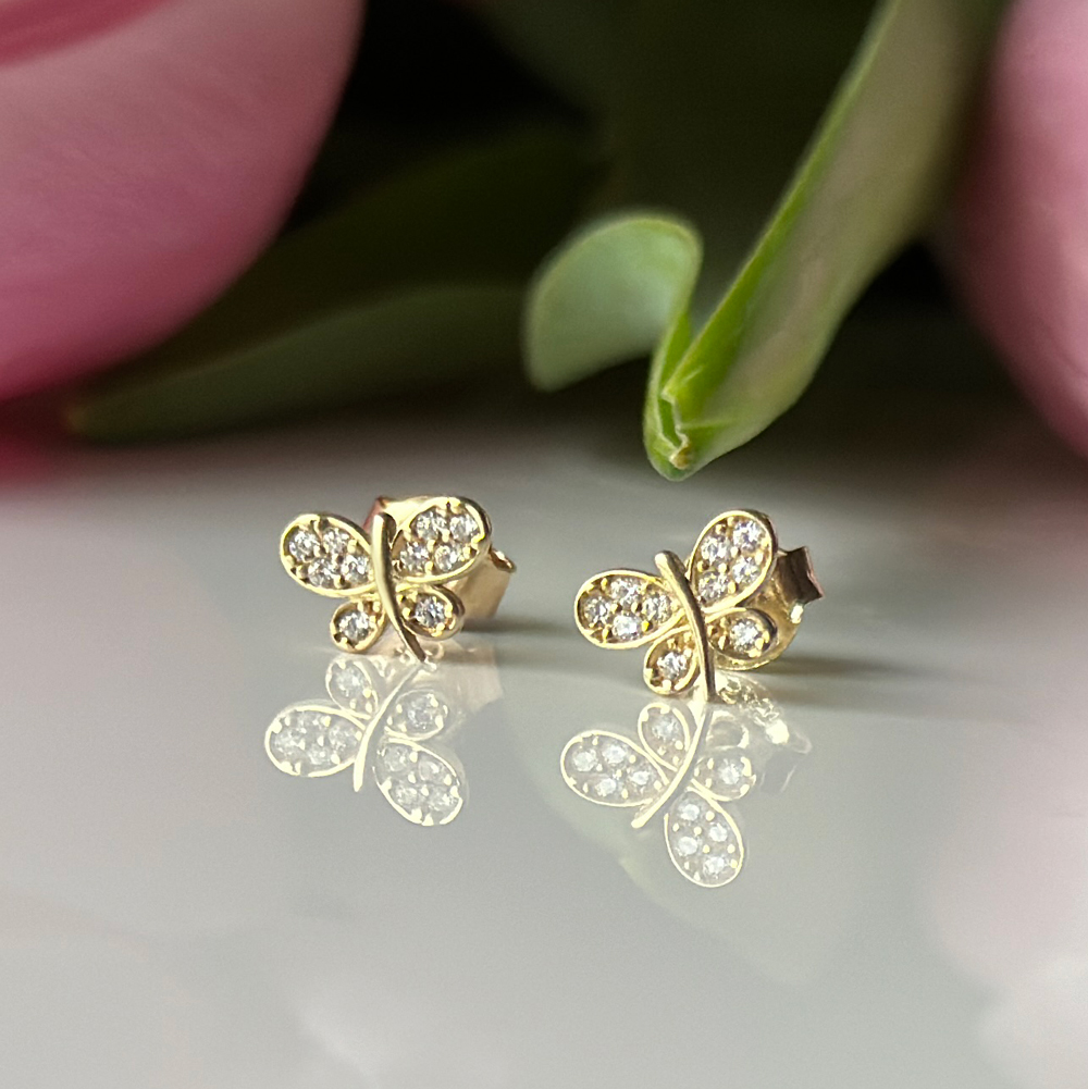 Обеци на винт жълто злато Butterflies