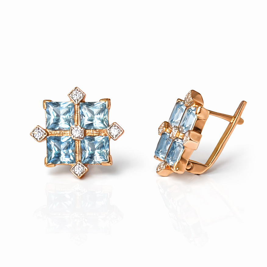 Обеци розово злато с аквамарин и циркон