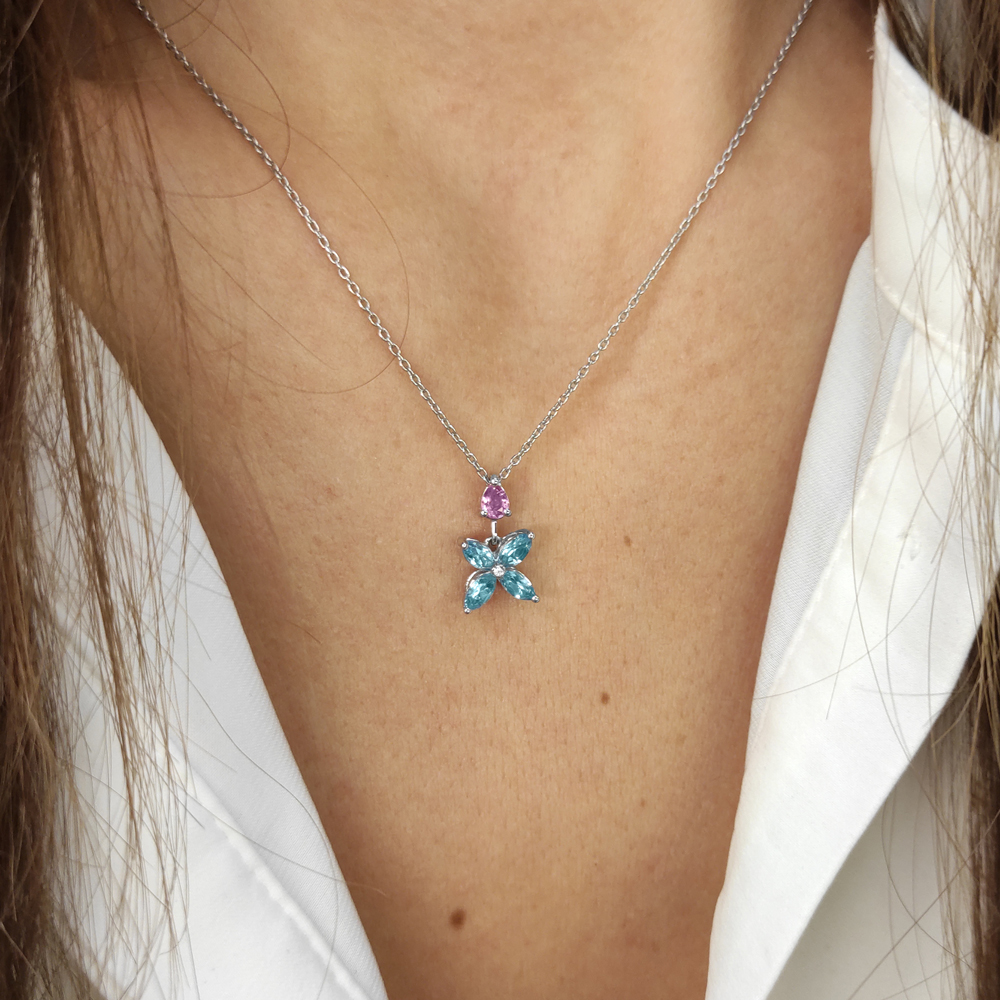 Бяло злато колие цвете с диамант и топаз AMBER