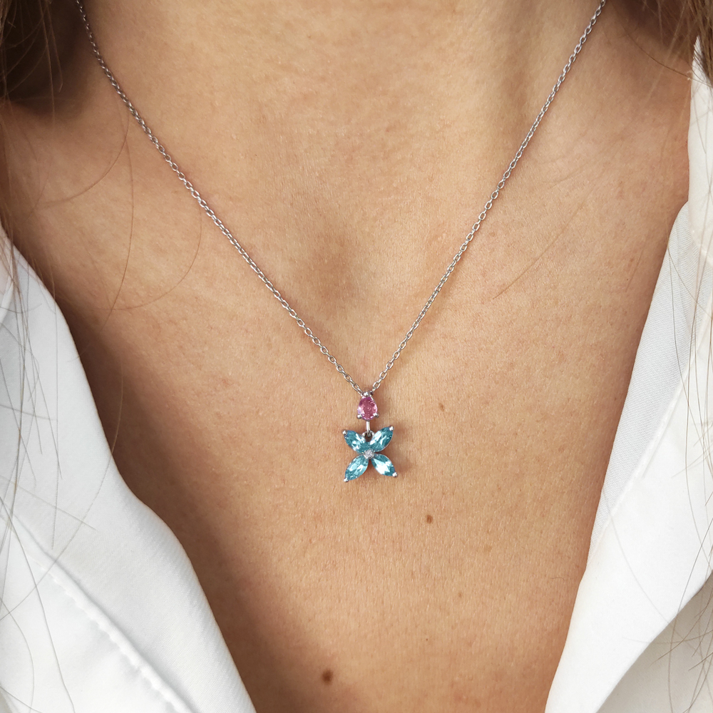 Бяло злато колие цвете с диамант и топаз AMBER