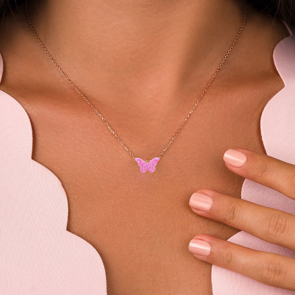 Опалена розова пеперуда със синджирче от розово злато