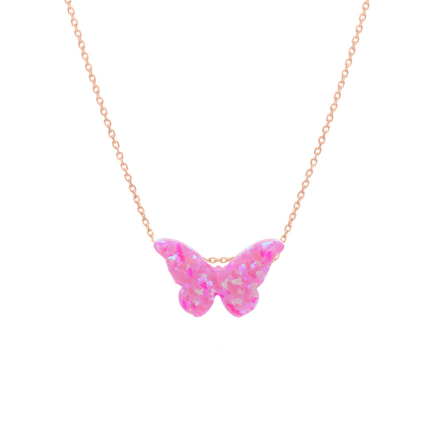 Опалена розова пеперуда със синджирче от розово злато