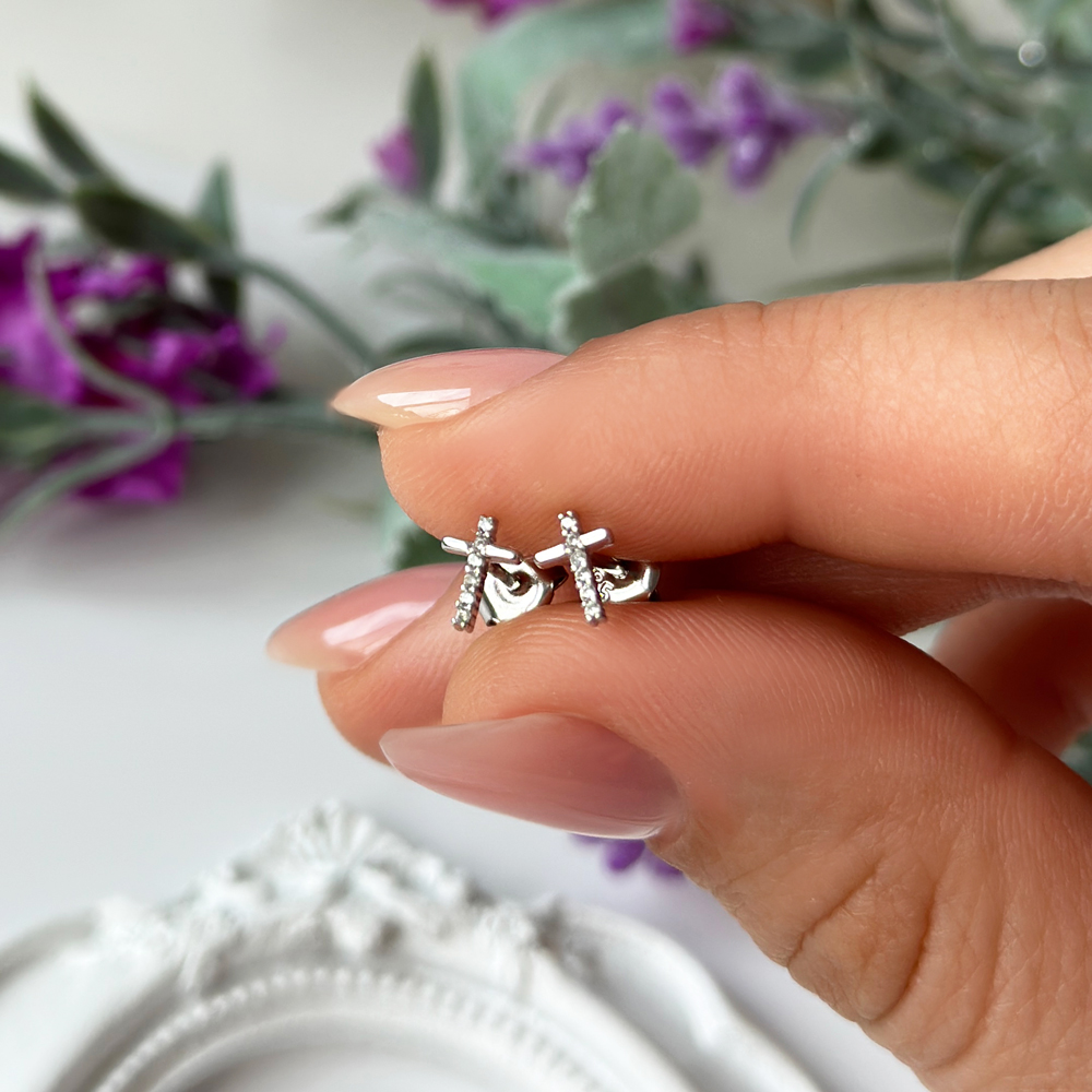 Бяло злато обици Кръст на винт