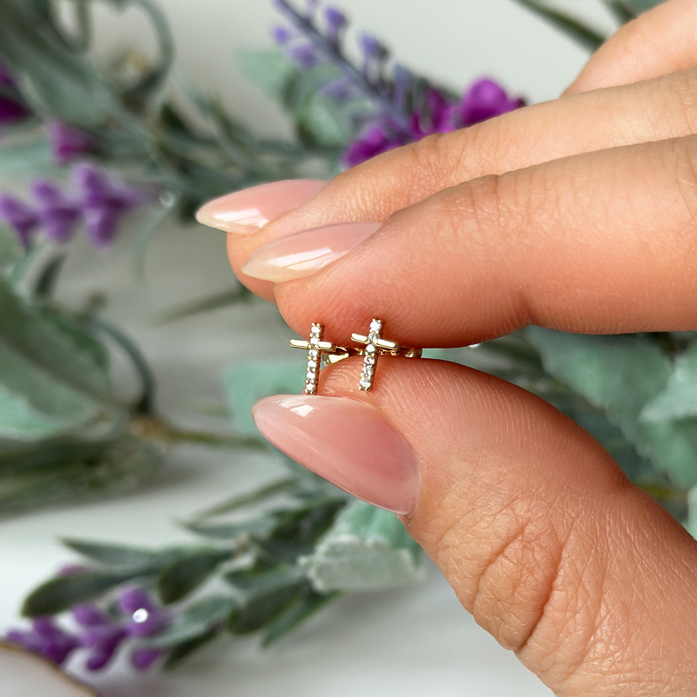 Жълто злато обици Кръст на винт с цирконий