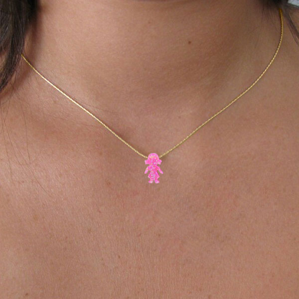 Бяло злато колие с опалено розово момиченце