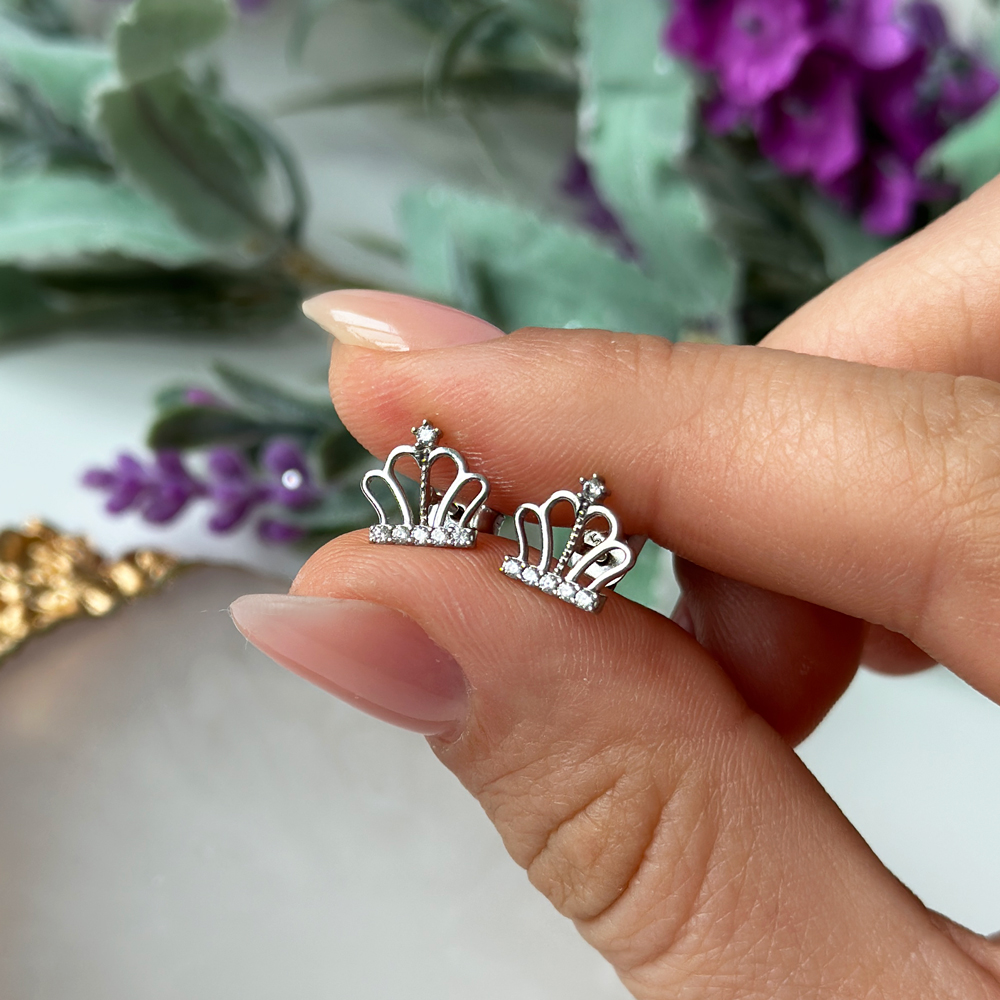 Бяло злато обеци корона