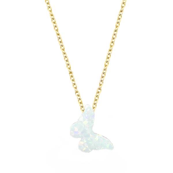 Жълто злато колие с бяла опалена пеперуда