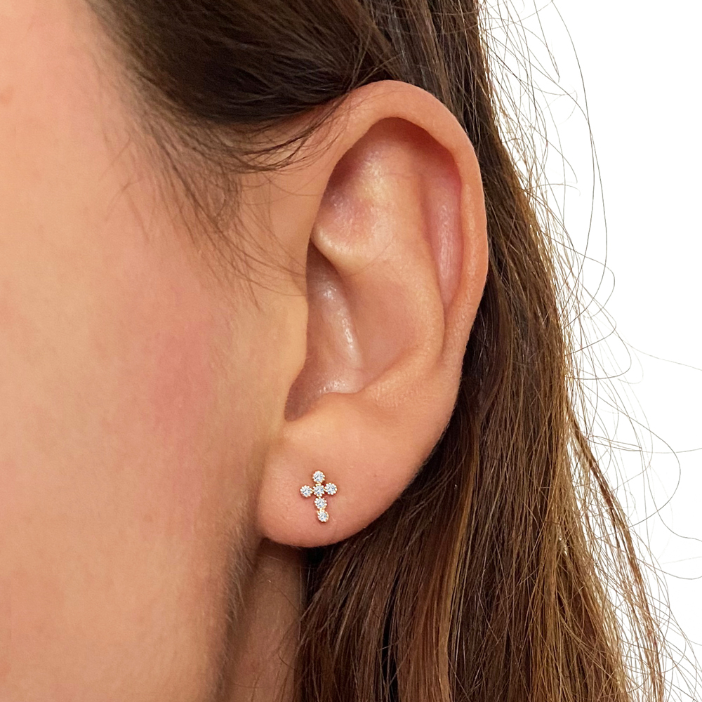 Златни обеци кръст с камъни на винт