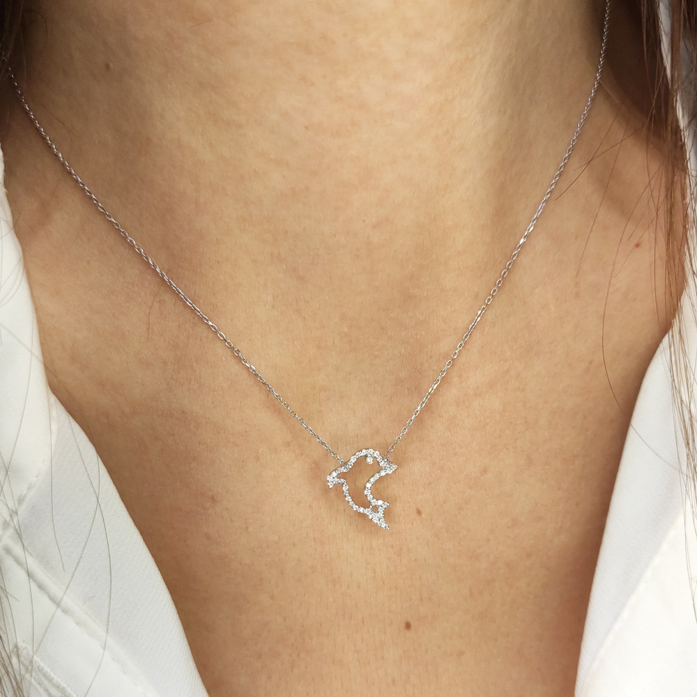 Колие от бяло злато с диамантена висулка Делфин