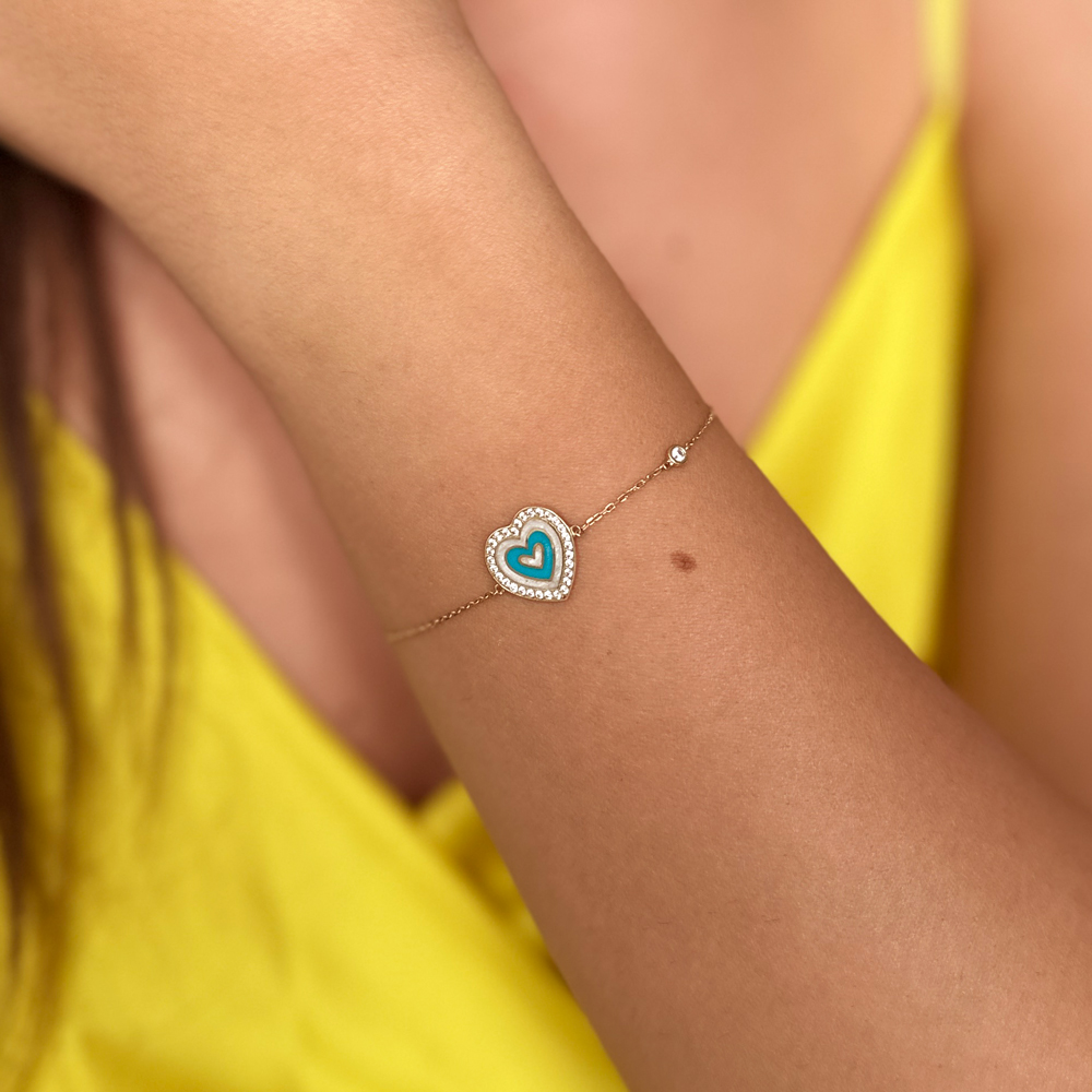 Нежна гривна от жълто злато със сърце ALLENNA тюркоаз