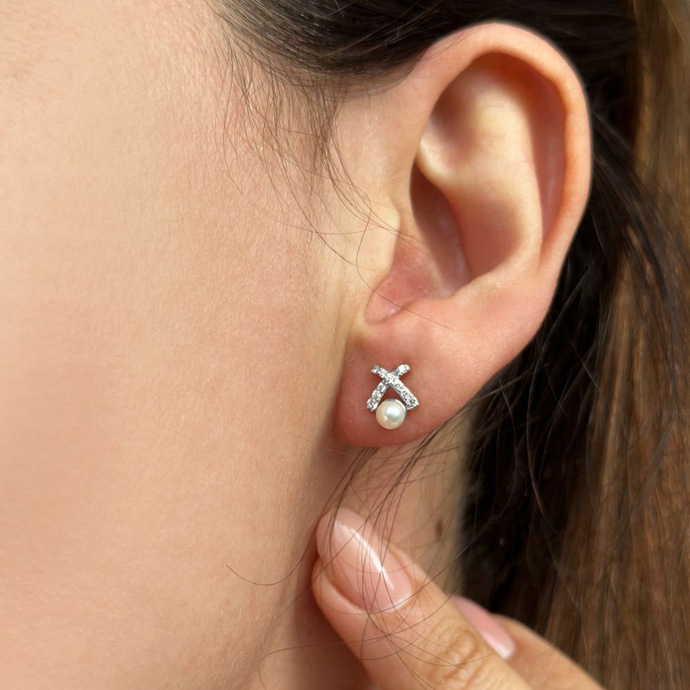 Обеци от бяло злато с перли и камъни Heidi