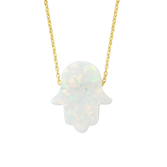 Жълто злато синджирче с бял опал Ръката на Фатима