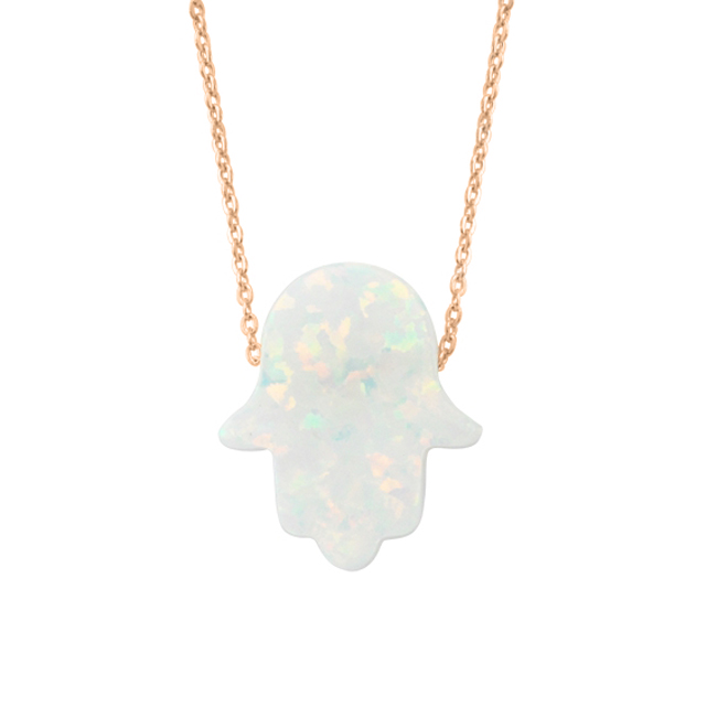 Розово злато синджирче с бял опал Ръката на Фатима