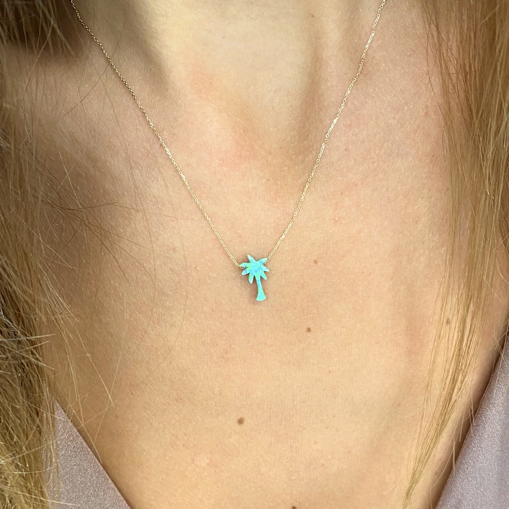 Бяло злато колие с опал зелена палма 