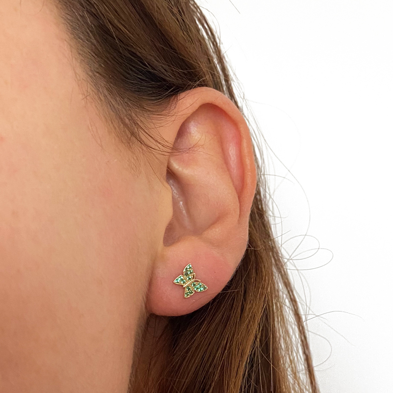 Обеци жълто злато със зелени камъни Butterflies