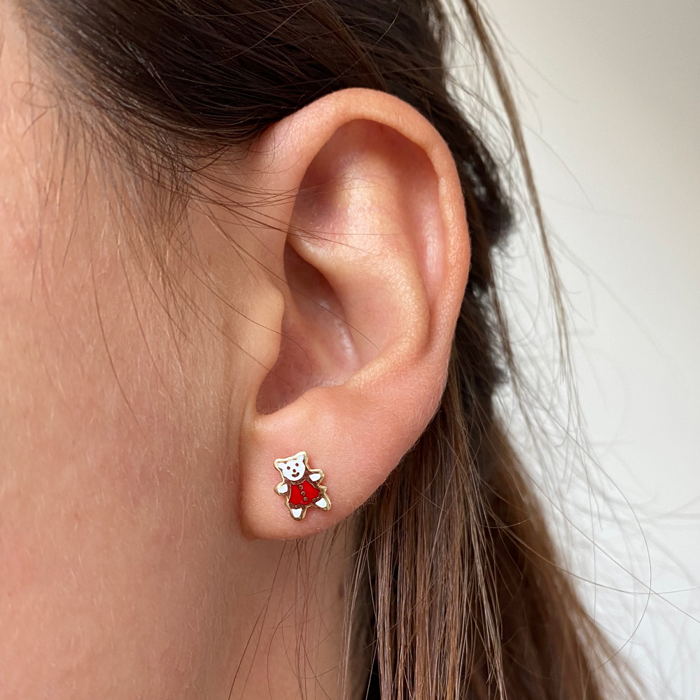 Обеци от жълто злато на винт с мече Bambi 