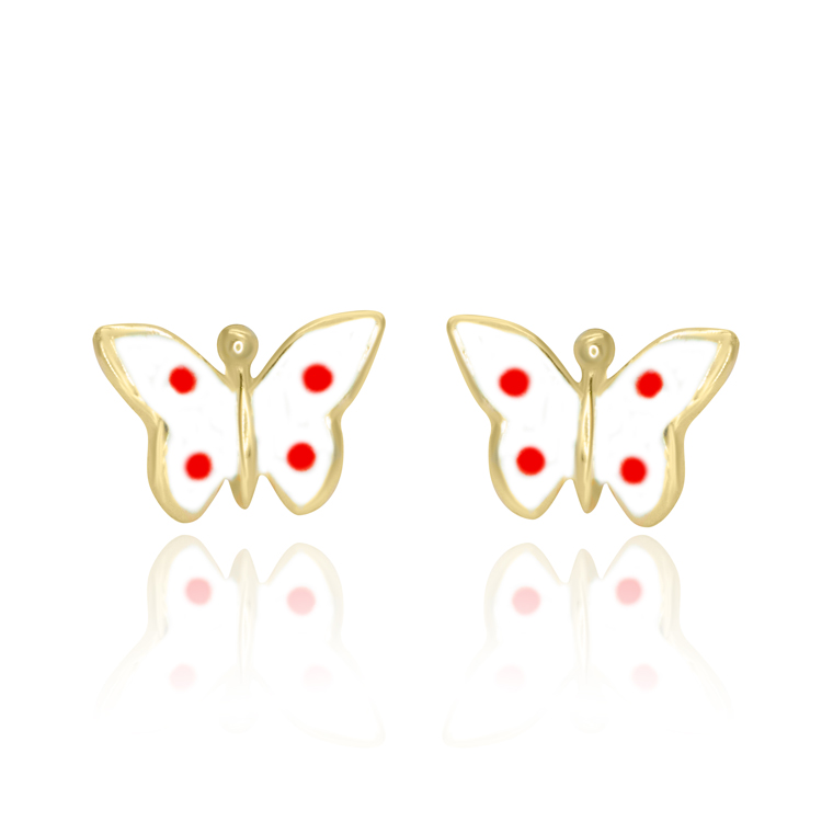Обеци от жълто злато на винт с бяла пеперуда 