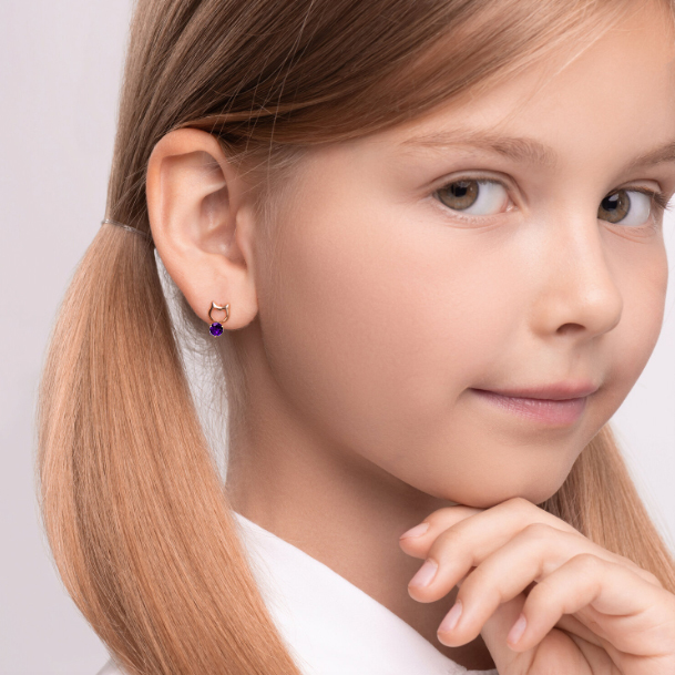 Златни детски обици с аметист котки