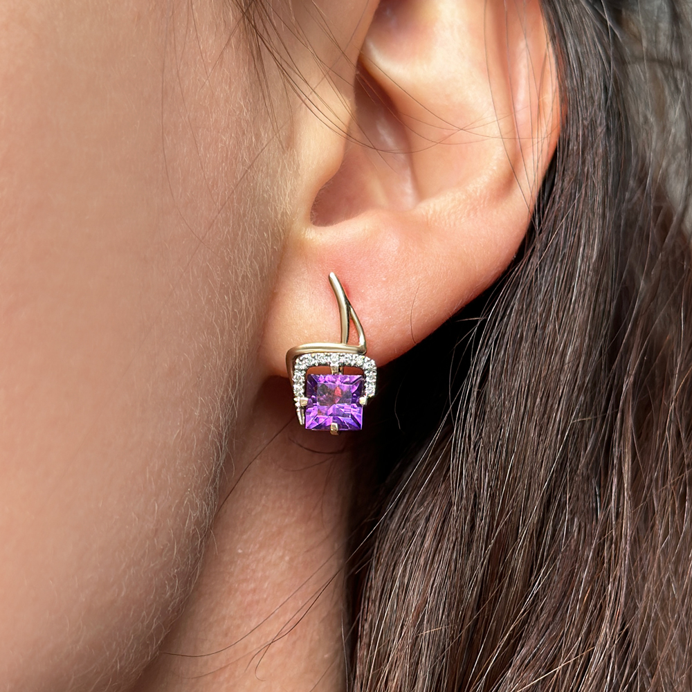 Обеци с диаманти и аметист от розово злато Tamara