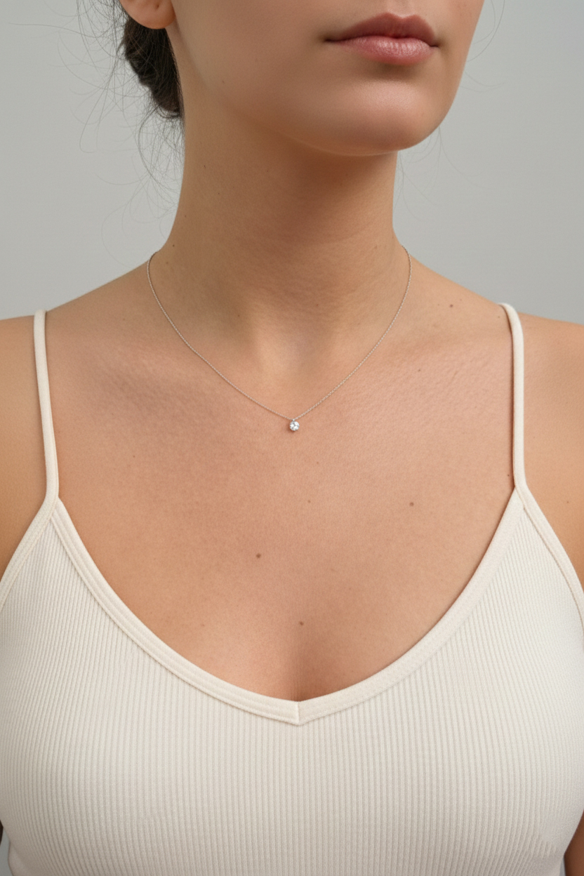 Колие бяло злато с едно камъче  MONIKA