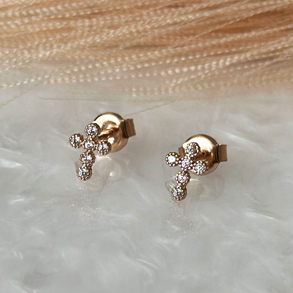 Розово злато обеци Кръст на винт с цирконий