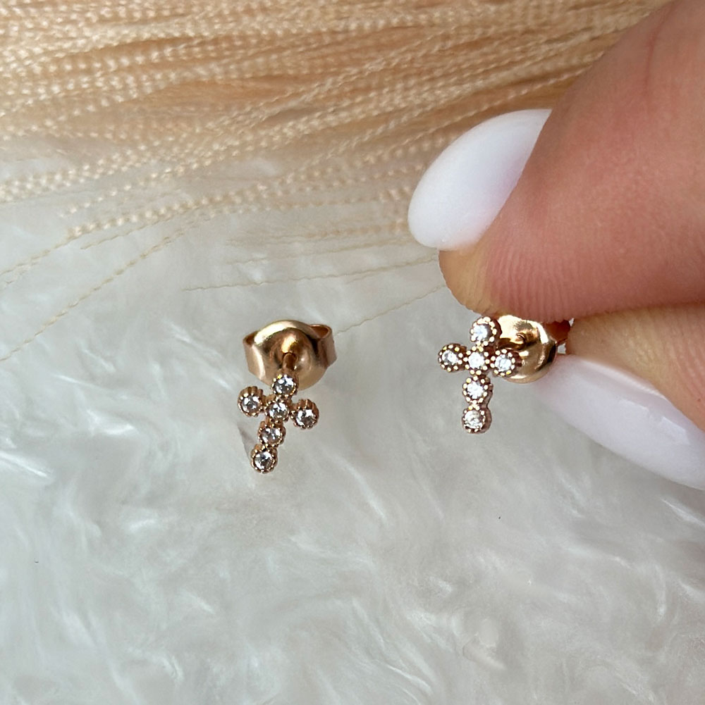 Розово злато обеци Кръст на винт с цирконий