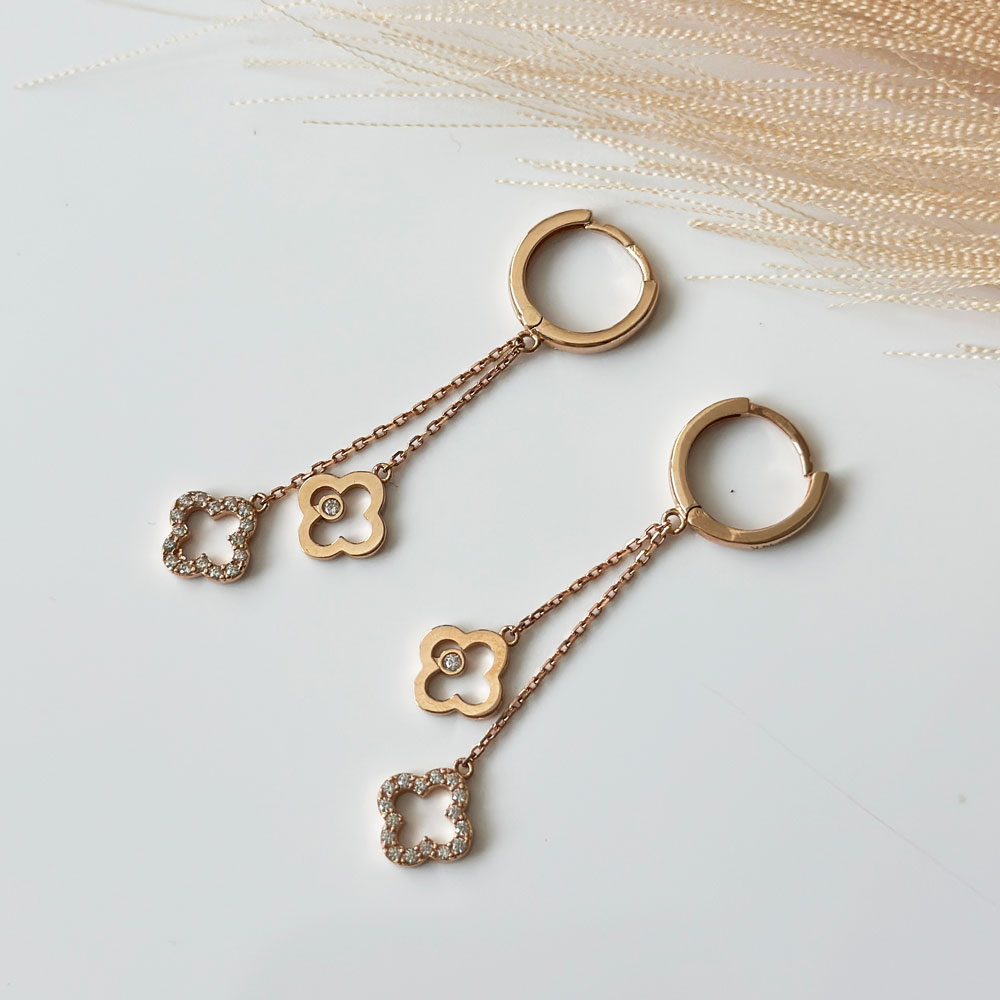 Висящи обеци розово злато Clover double