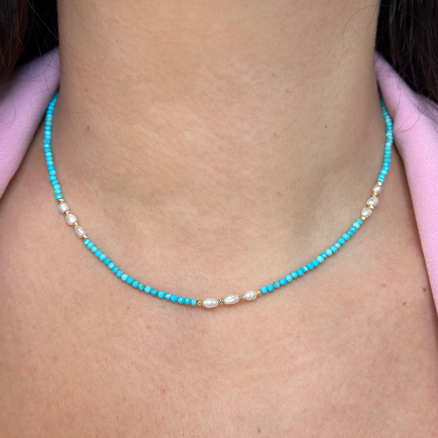 Чокър с перли и тюркоаз