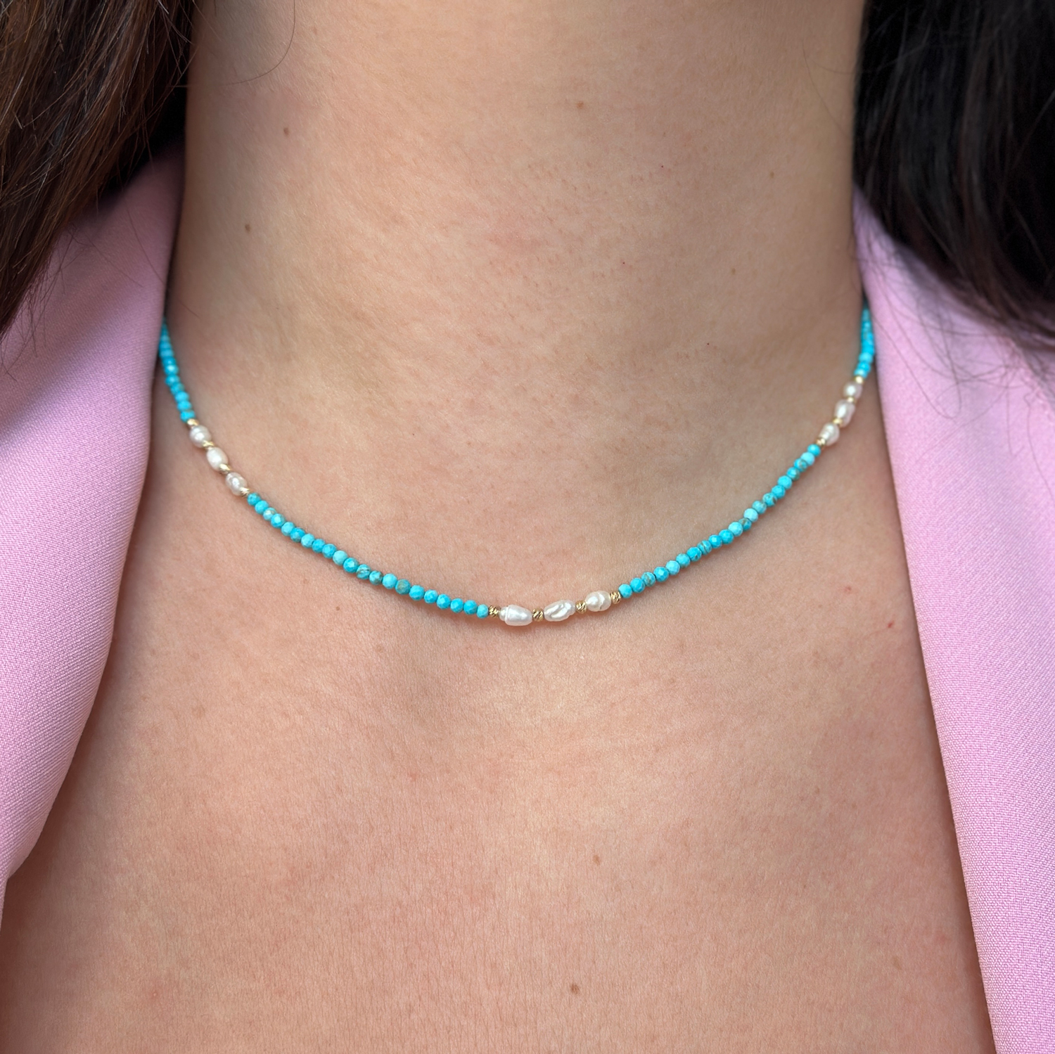 Чокър с перли и тюркоаз