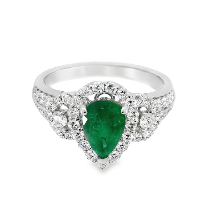 Бяло злато пръстен с диаманти и изумруд