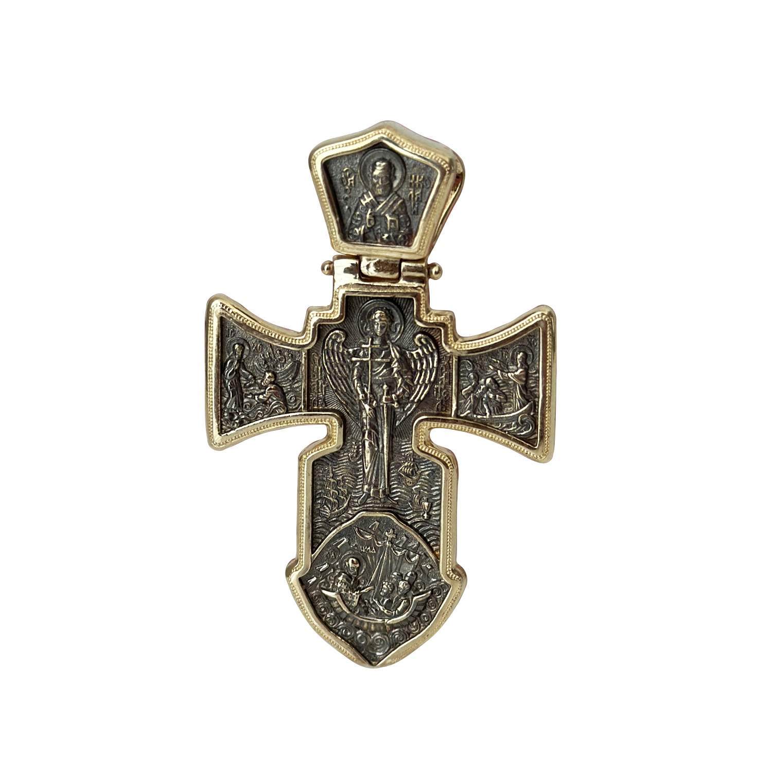 Двустранен златен кръст- Разпятие и Архангел Михаил