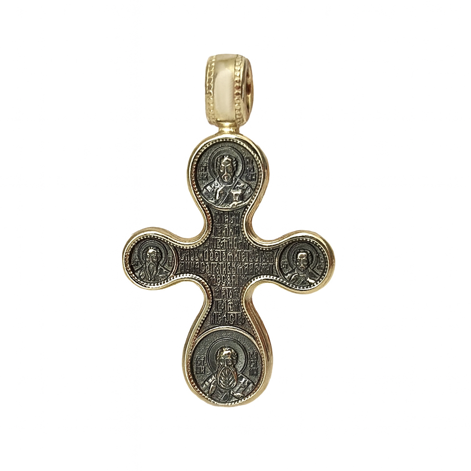 Двустранен златен кръст с икони и молитва за закрила